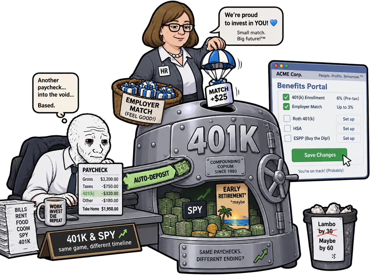 Employer match machine auto-depositing a small contribution into a 401K vault