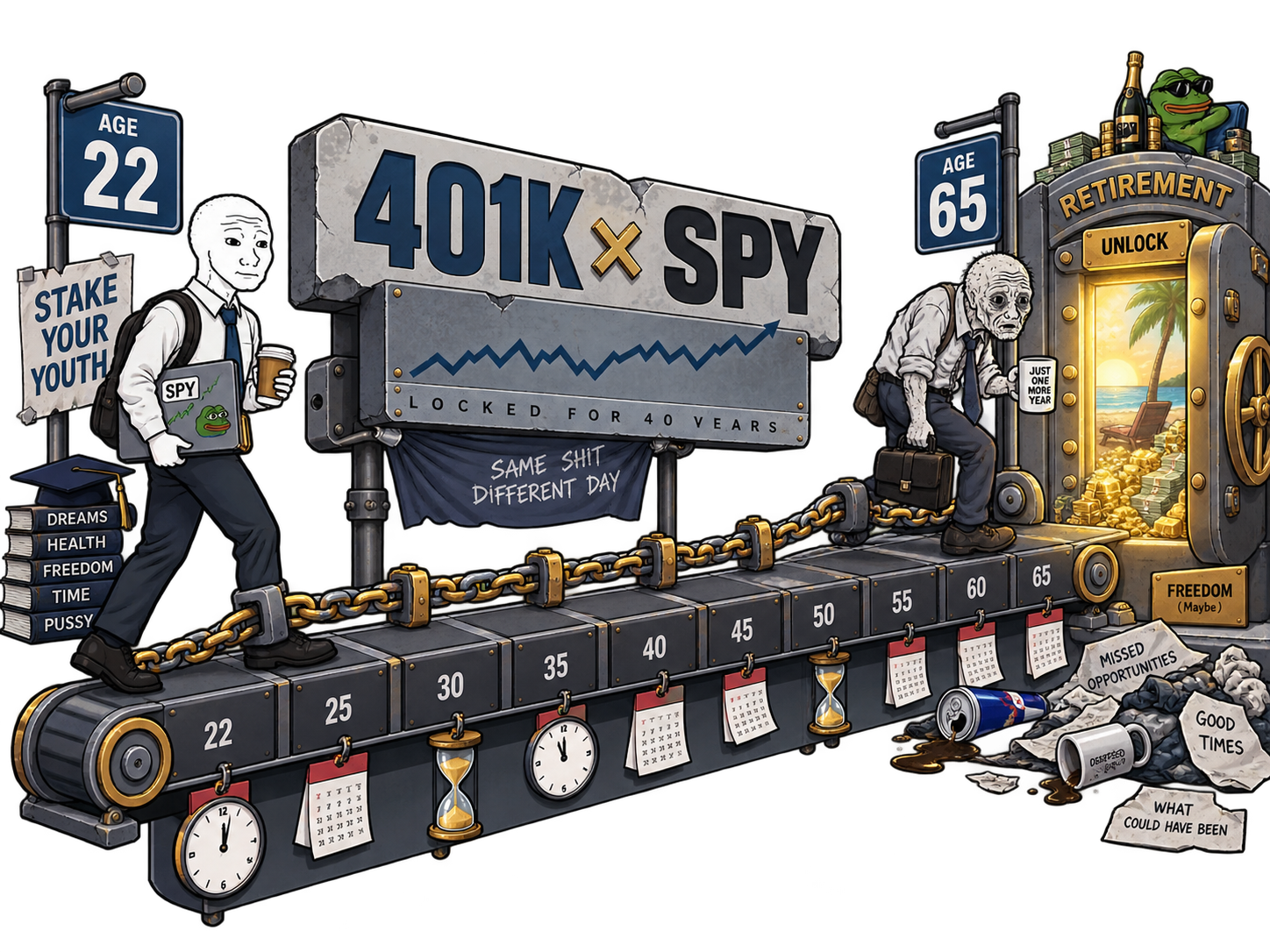 401K and SPY conveyor belt carrying a worker from age 22 to retirement at 65