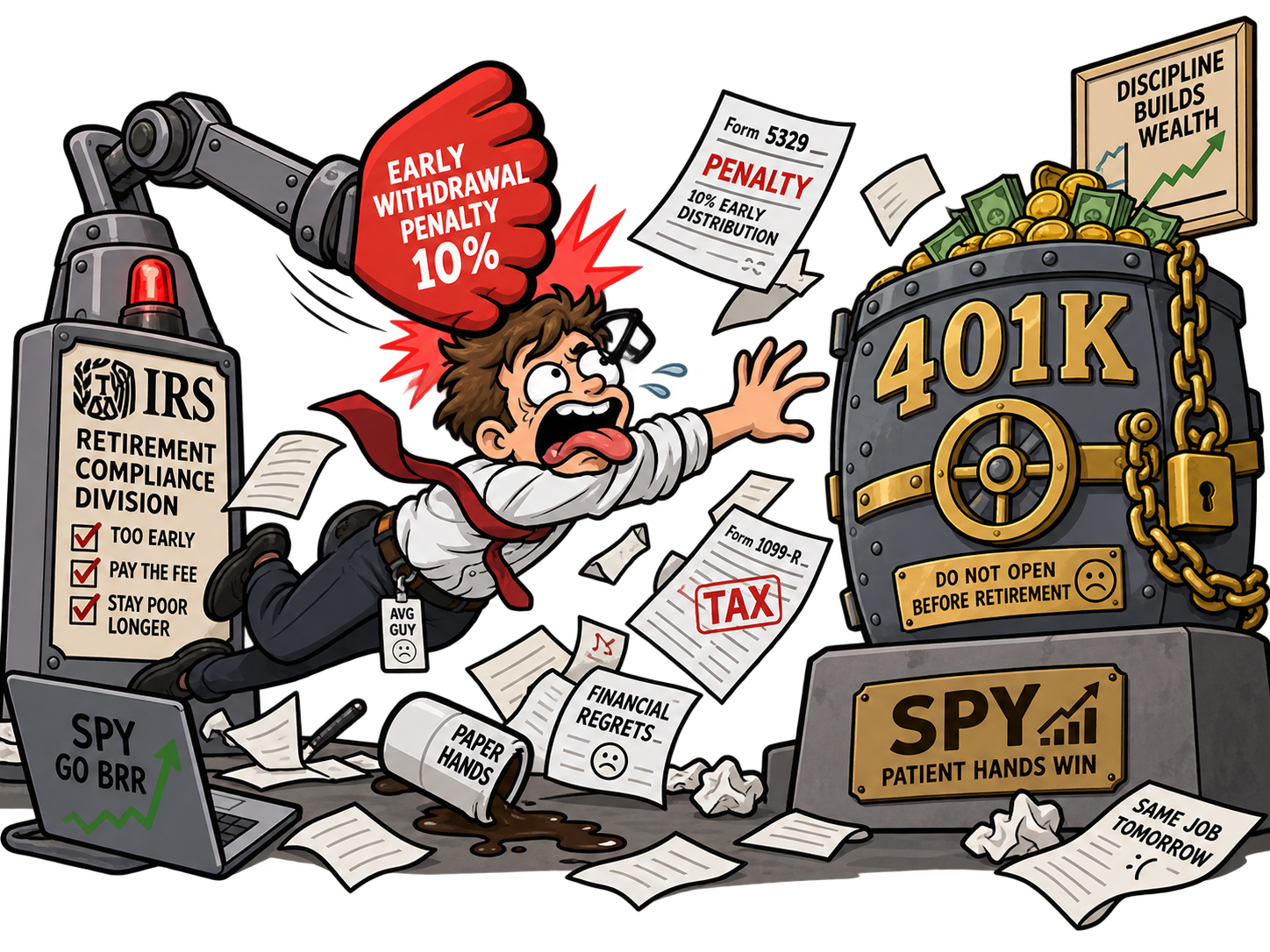 IRS compliance machine slapping a worker with a 10 percent early withdrawal penalty beside a locked 401K vault