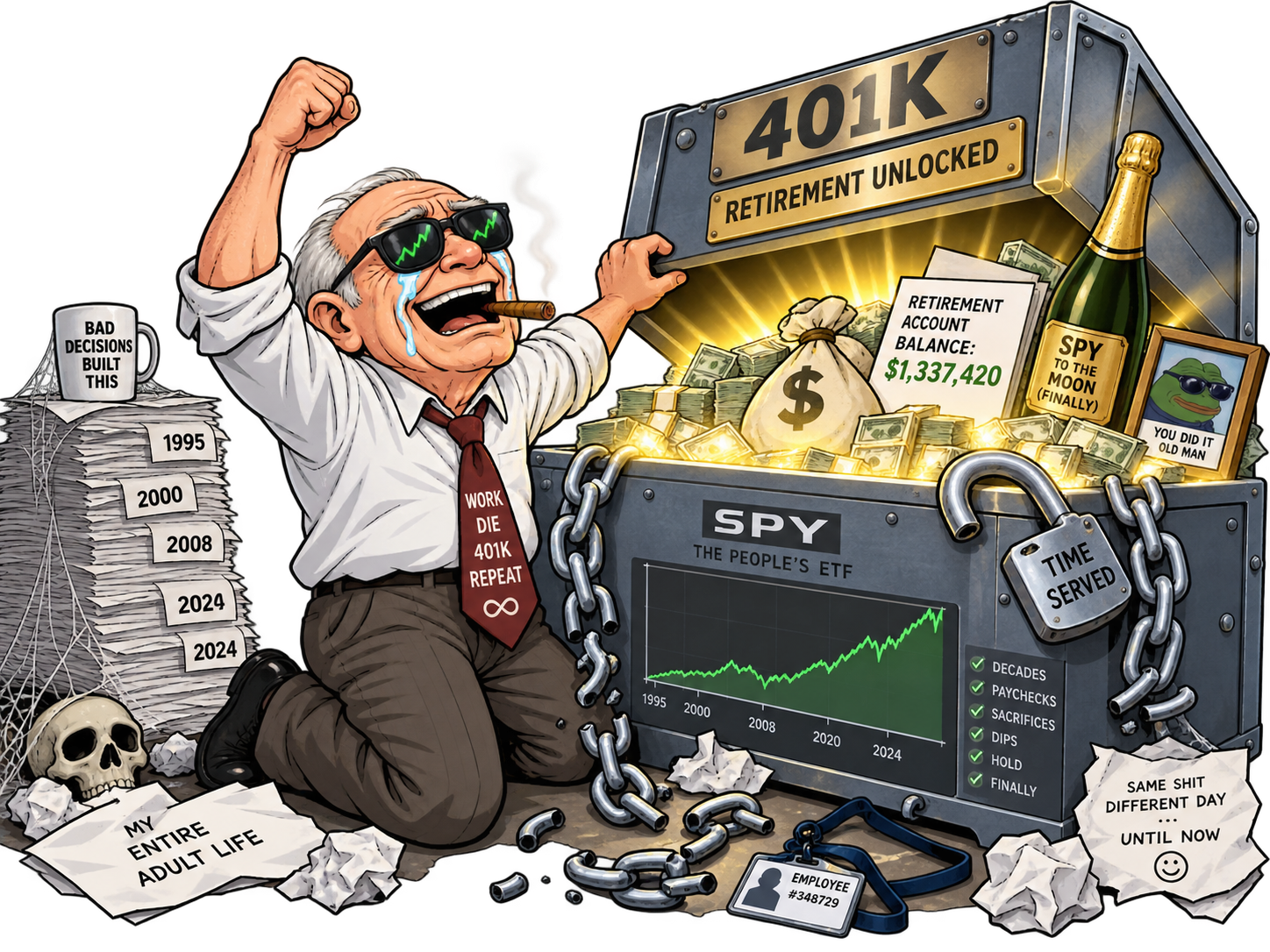 Retired Wojak celebrating as his 401K vault finally opens at age 65